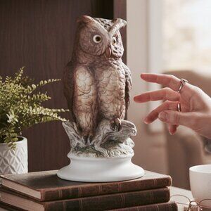 Whimsical Watcher of the Woods Owl Figurine, vintage Lefton bisque, brown